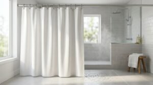 Textured white fabric shower curtain hanging on a stainless steel rod with metal rings in a modern bright bathroom