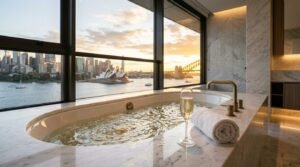 Drop-in spa bathtub set in a marble deck with a champagne glass overlooking panoramic sunset views of the Sydney Opera House and Harbour Bridge