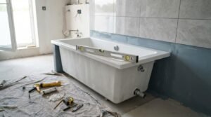 White drop-in bathtub installation with spirit level resting on rim, caulking guns, tile spacers, and tape measure on drop cloth during renovation