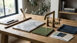 Interior design moodboard display featuring a brass bridge faucet, white Carrara marble slab, green Zellige tile, paint swatches, and fabric samples on a wooden desk