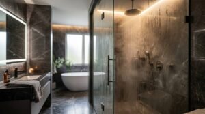 Luxury steam shower enclosure with glass doors, warm overhead lighting, dark marble tiles, and soaking tub in background