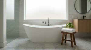 White slipper freestanding soaking tub with matte black wall-mounted faucet beneath a large frosted window in a bright bathroom