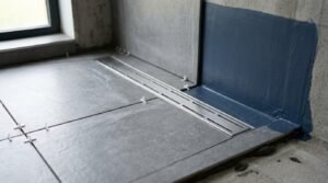 Shower floor tile installation showing stainless steel linear drain, tile spacers, and blue liquid waterproofing membrane on wall