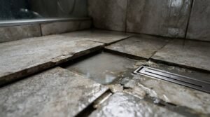 Broken and lifted travertine shower floor tile with pooled standing water near a stainless steel linear drain