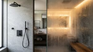 Matte black shower fixtures on light grey stone tile next to steamed glass enclosure with warm ambient lighting
