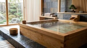 Traditional Hinoki wooden Japanese soaking tub filled with hot water from a wooden spout in a tranquil Zen spa bathroom