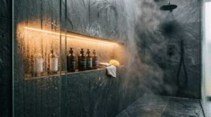 Warm LED linear strip light illuminating a recessed niche with toiletries in a steamy dark slate shower enclosure