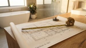Architectural bathroom floor plan blueprint unrolled on wooden countertop with brass measuring tape and freestanding tub in background
