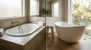 Side by side comparison of an oval drop-in bathtub in travertine tile surround on left and a freestanding slipper bathtub on wood floor on right