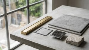 Brushed brass linear drain, tile-insert square drain, chrome grate drain, and grey porcelain tiles arranged on a concrete slab