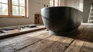 Black stone resin freestanding bathtub resting on exposed timber subfloor during bathroom construction and renovation