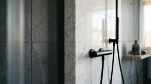 Matte black shower fixtures on white marble wall alongside dark charcoal grey tile