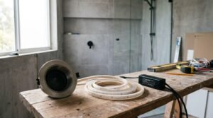 Waterproof LED recessed downlight, flexible strip light roll, and power driver sitting on wooden workbench during bathroom construction