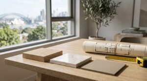 A light oak wood block, white veined marble swatch, and matte warm-grey tile displayed alongside a rolled architectural blueprint and tape measure on a wooden desk overlooking the Sydney Harbour Bridge and Opera House