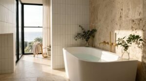 White back-to-wall freestanding bathtub with brushed brass wall-mounted fixtures against a travertine stone wall in a sunlit coastal bathroom