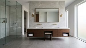 A spacious master bathroom featuring a custom floating walnut double vanity with a central makeup vanity knee space and stool, dual sinks, brushed brass wall faucets, a large brass-framed rectangular mirror, and twin globe sconces beside a glass walk-in shower