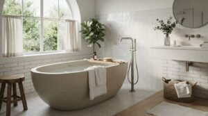 Oval beige stone freestanding soaking tub with brushed nickel floor-mounted faucet in a bright, sunlit bathroom next to an arched window