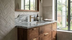 A custom freestanding walnut vanity featuring dovetail drawer joinery, brass tab pulls, a marble countertop with a stepped curved backsplash, an undermount sink, and a brushed brass deck-mounted faucet set inside a herringbone zellige tile alcove