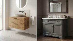 A split-image comparison of bathroom vanity styles, featuring a modern floating oak wood vanity with a vessel sink and backlit round mirror on the left, and a traditional charcoal grey freestanding vanity with a marble countertop and framed mirror on the right