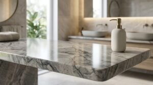 A close-up view of a thick, polished grey-and-white marble countertop with rounded bullnose edges holding a ceramic soap dispenser with a brass pump, set in a bright, luxurious modern bathroom