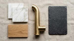 Top-down flat lay view of bathroom material samples featuring a brushed brass spout, white marble tiles, natural oak wood swatch, and dark slate tile on a linen backdrop