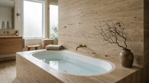 White oval undermount soaking bathtub set in a beige travertine stone deck with a wall-mounted brass spout