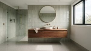 A modern spa-inspired bathroom featuring a floating walnut wood vanity with a concrete vessel basin, brushed brass wall-mounted tapware, a large round brass mirror, sage green vertically stacked subway tiles, and a walk-in glass shower enclosure