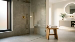 Modern walk-in shower with large format grey tiles, frameless glass enclosure, and brushed brass fixtures in a luxury bathroom