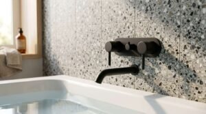 Wall-mounted matte black bathtub mixer faucet with dual lever handles set against a grey terrazzo tiled wall above a white soaking tub