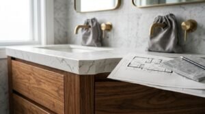 A custom curved walnut double bathroom vanity featuring a thick veined marble countertop, undermount sink, brushed brass wall-mounted tapware, and architectural floor plan blueprints beside a stone sample tile during installation