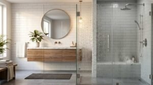 Frameless glass shower door with water droplets opening into a modern bathroom with white subway tile and floating wood vanity