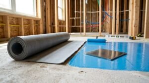 Unrolling grey uncoupling sheet membrane alongside freshly applied blue liquid waterproofing membrane and notched trowel on a subfloor during construction