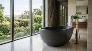 Matte black oval stone freestanding bathtub beside a floor-to-ceiling glass wall with a floor-mounted brushed brass faucet