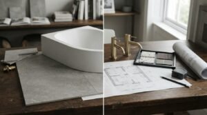 Split screen showing a white vanity sink basin with grey tile samples on left, and brass faucets with floor plan blueprint on right