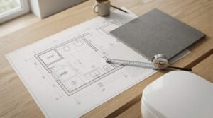 Architectural bathroom floor plan blueprint with measuring tape, dark grey stone tile sample, and coffee cup on an oak wood desk