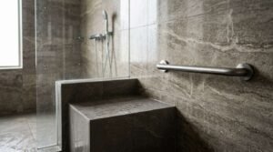 Built-in tiled shower bench with stainless steel grab bar mounted on warm grey marble wall in walk-in shower