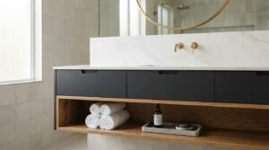 Floating modern bathroom vanity with matte black drawers, open natural oak shelf, white marble countertop and backsplash, wall-mount brass faucet, and round gold mirror