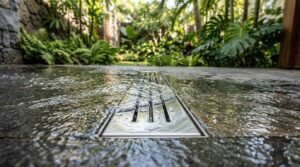 Stainless steel linear trench drain set in wet dark stone patio tile in outdoor garden shower area