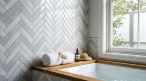 Drop-in bathtub with a wood trim ledge against a wall of glossy light grey herringbone subway tiles