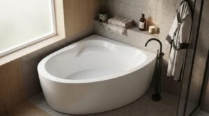 White back-to-corner freestanding bathtub with matte black floor-mounted faucet set against terrazzo tiles in a modern bathroom