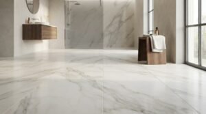 Polished white marble floor tiles with subtle grey and gold veining in a spacious, modern luxury bathroom with a floating wood vanity and walk-in shower
