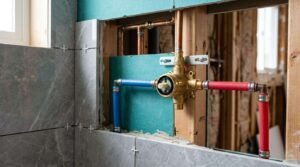Rough-in brass shower mixer valve mounted inside wall studs connected to blue and red PEX water pipes behind partially installed grey tiles