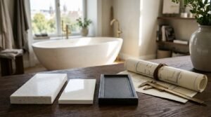 Terrazzo, acrylic, and cast iron material samples on a dark wooden table with rolled floor plan blueprints and calipers in a modern bathroom