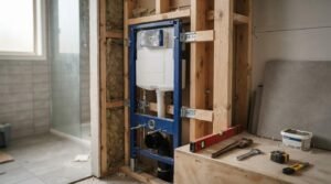 Concealed in-wall toilet cistern and blue steel mounting carrier frame installed into wooden stud framing during a bathroom remodel