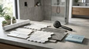 Bathroom mood board with white subway tiles, marble hexagon mosaics, dark grey slate tiles, glass tiles, rolled blueprint, and matte black shower head