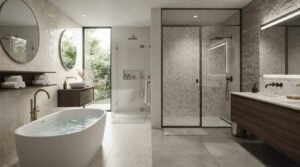 Spacious luxury master bathroom layout with freestanding soaking tub, dual walk-in showers, and dark wood floating vanities