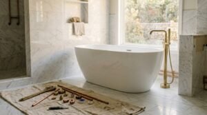 White freestanding bathtub with a floor-mounted brushed brass faucet and plumbing tools on a drop cloth in a marble-tiled bathroom