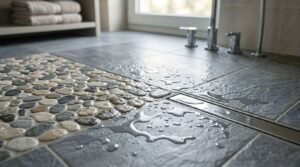 Smooth natural river pebble mosaic floor inlay transitioning to textured dark slate tile with a linear drain in a walk-in shower