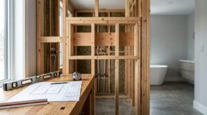 Bathroom renovation in progress showing exposed wooden wall framing and plumbing, with blueprints, a level, and a tape measure on a workbench in the foreground