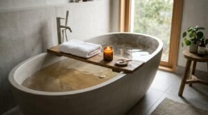 Oval stone composite freestanding bathtub filled with steaming water, featuring a wooden bath caddy with a lit candle and towel in a cozy bathroom